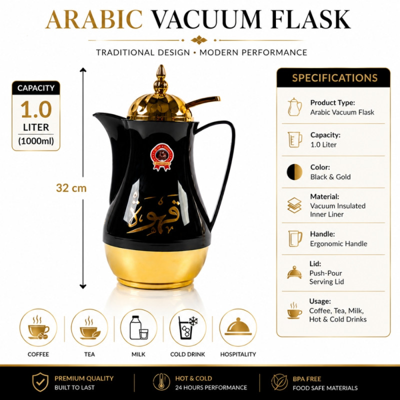 Stylish vacuum flask – Black Premium Quality (26.5cm)