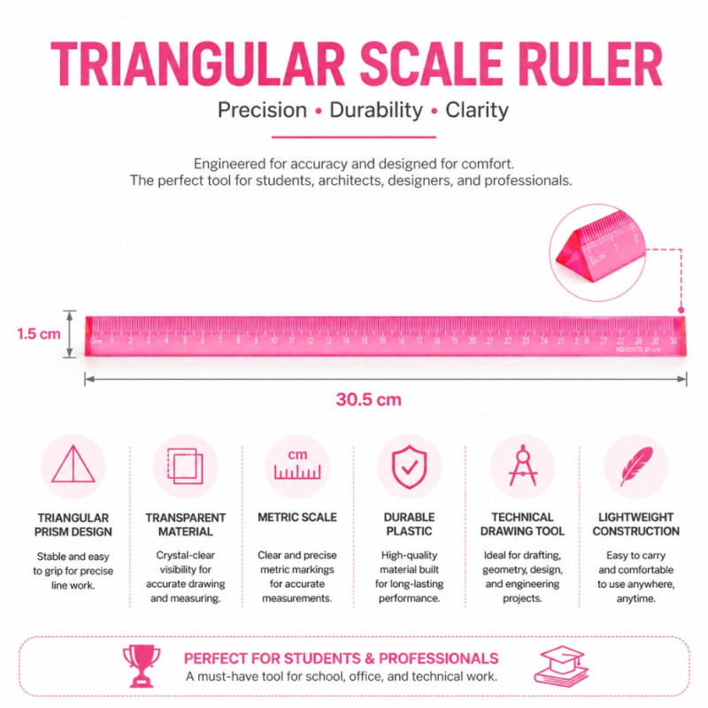 Transparent Pink Triangular Scale Ruler – Pink (38cm)