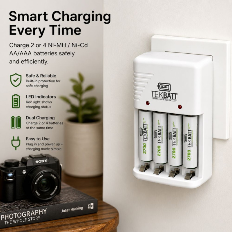 Multi-Battery Rechargeable Charger for AA, AAA & 9V – White (10x7cm)