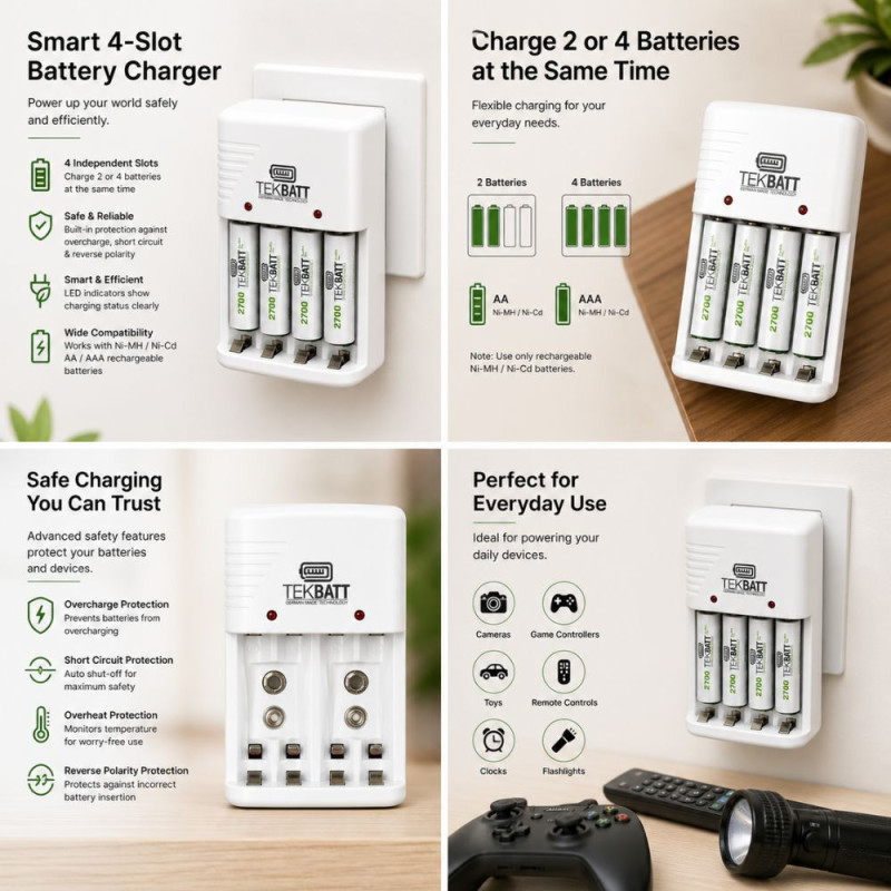 Multi-Battery Rechargeable Charger for AA, AAA & 9V – White (10x7cm)
