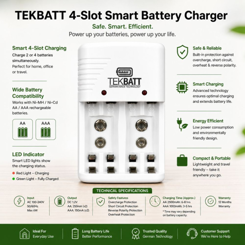 Multi-Battery Rechargeable Charger for AA, AAA & 9V – White (10x7cm)