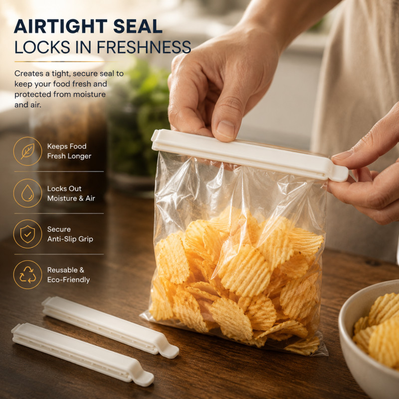Fine Design Sealing Clip Designed for Smart Storage &amp; Organization – White (H-11.8, W-1.4, L-1.3 CM)