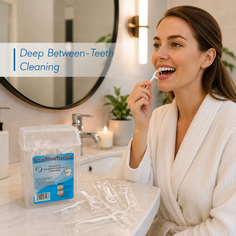 Professional Grade Dental Floss Picks | 50-Piece Set with Transparent Storage | 10x7.5cm White