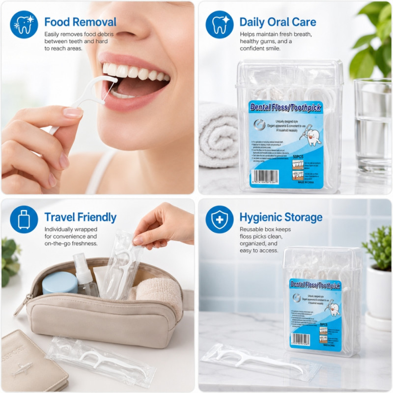 Professional Grade Dental Floss Picks | 50-Piece Set with Transparent Storage | 10x7.5cm White