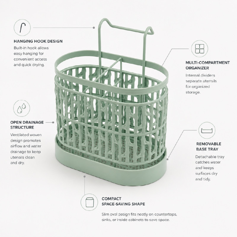 Light Green Metal Utensil Holder or Sink Caddy Designed to Organize Cutlery and Small Kitchen Tools – Light Green