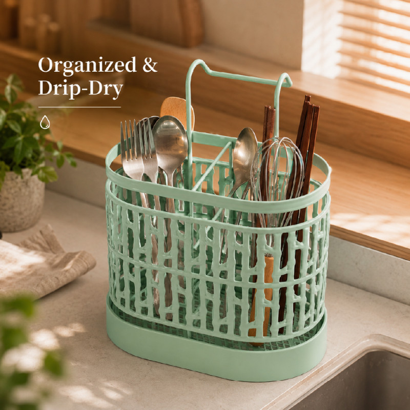 Light Green Metal Utensil Holder or Sink Caddy Designed to Organize Cutlery and Small Kitchen Tools – Light Green