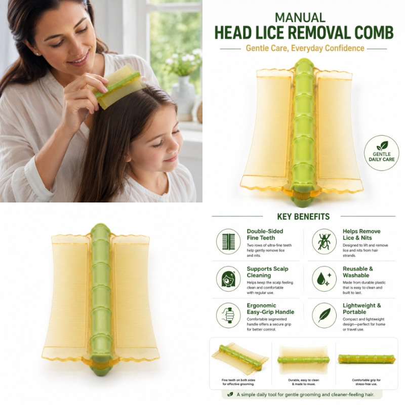Ergonomic Double-Sided Head Lice Removal Comb with Bamboo-Shaped Handle (12.5x6.5cm) – Green &amp; Yellow