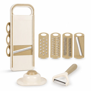 Multi-Functional Kitchen Vegetable Slicer Set with Interchangeable Stainless Steel Blades for Slicing, Grating, and Shredding – Ivory & Tan