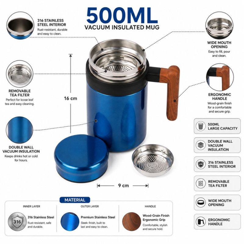 Elegant Vaccum Mug – Blue Premium Quality (16 x 9 cm)