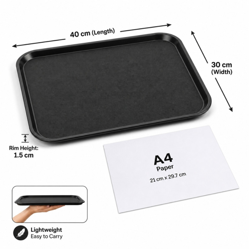 Professional Black Non-Slip Plastic Serving Tray – Rectangular Rubberized Design (40cm)
