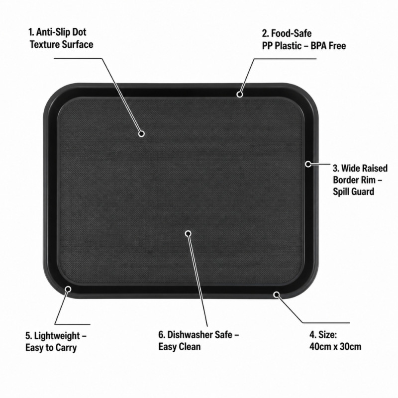 Professional Black Non-Slip Plastic Serving Tray – Rectangular Rubberized Design (40cm)