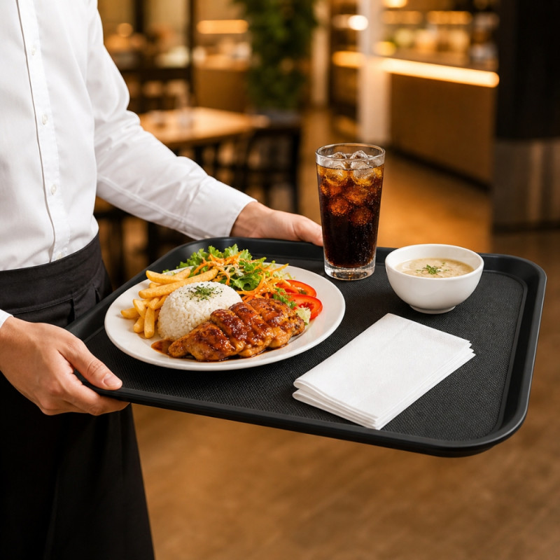 Professional Black Non-Slip Plastic Serving Tray – Rectangular Rubberized Design (40cm)