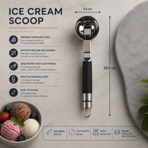Rich Grip Ice Cream Scoop Designed for Elegant Dining &amp; Entertaining – Black (H-20.2, W-5.5 CM)