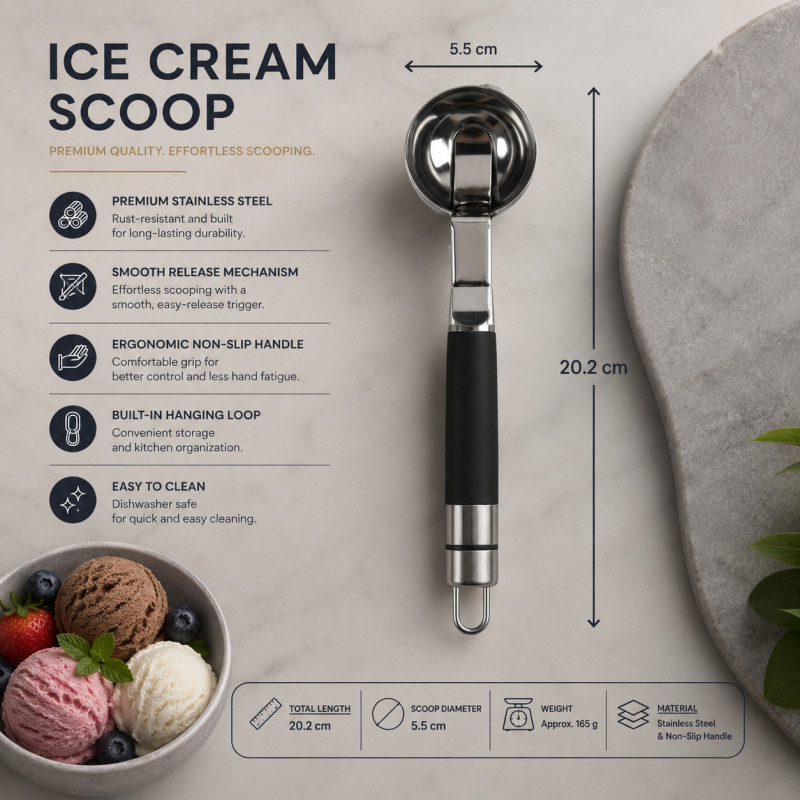 Rich Grip Ice Cream Scoop Designed for Elegant Dining &amp; Entertaining – Black (H-20.2, W-5.5 CM)