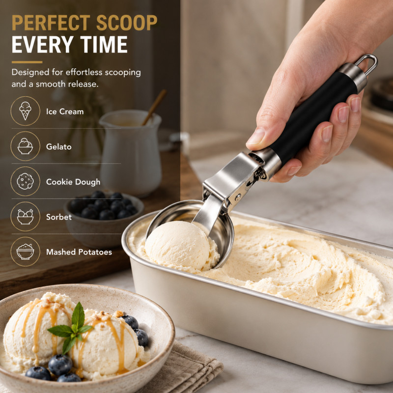 Rich Grip Ice Cream Scoop Designed for Elegant Dining &amp; Entertaining – Black (H-20.2, W-5.5 CM)