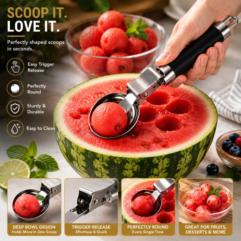 Rich Grip Ice Cream Scoop Designed for Elegant Dining &amp; Entertaining – Black (H-20.2, W-5.5 CM)
