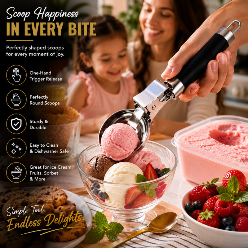 Rich Grip Ice Cream Scoop Designed for Elegant Dining &amp; Entertaining – Black (H-20.2, W-5.5 CM)