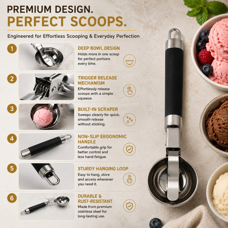 Rich Grip Ice Cream Scoop Designed for Elegant Dining &amp; Entertaining – Black (H-20.2, W-5.5 CM)