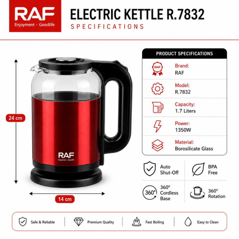 Professional RAF EKettle Glass 17L – Red Premium Quality (24x14cm)