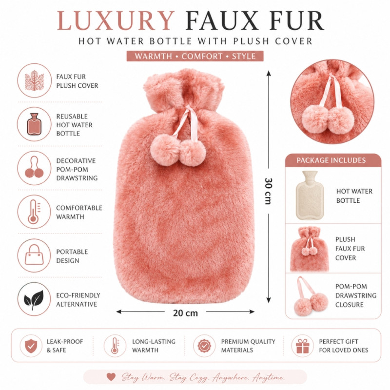 Quality Ease Hot Water Bottle Cover Designed for Travel &amp; Daily Essentials – Pink (H-30, W-20 CM)