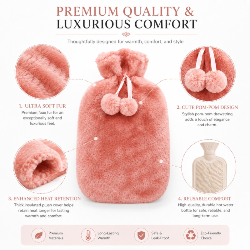 Quality Ease Hot Water Bottle Cover Designed for Travel &amp; Daily Essentials – Pink (H-30, W-20 CM)