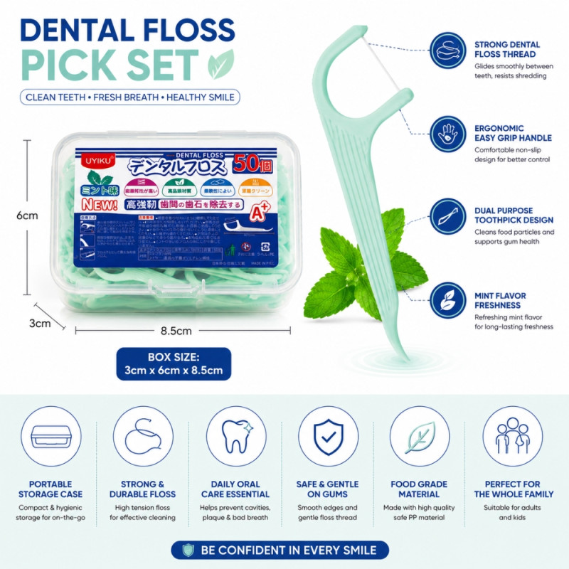 Essential UYIKU Mint Dental Floss Pick Set – 50 Pieces with Clear Storage Container