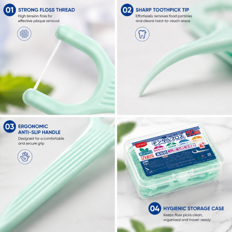 Essential UYIKU Mint Dental Floss Pick Set – 50 Pieces with Clear Storage Container