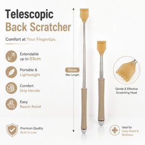 Edgy telescopic back scratcher with a wooden grip handle and a metallic extendable rod – Silver & Light Brawn (53cm) Edgy telescopic back scratcher with a wooden grip handle and a metallic extendable rod – Silver & Light Brawn (53cm)