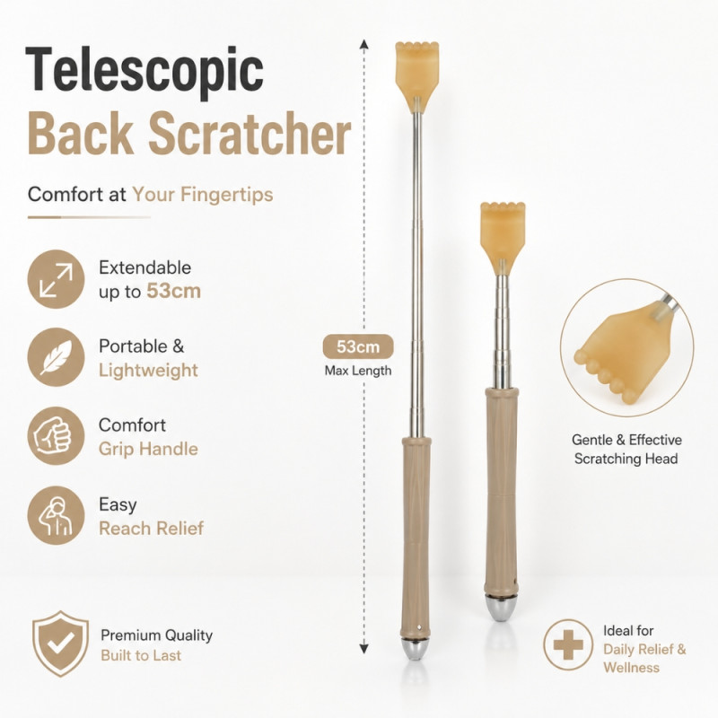 Edgy telescopic back scratcher with a wooden grip handle and a metallic extendable rod – Silver &amp; Light Brawn (53cm)