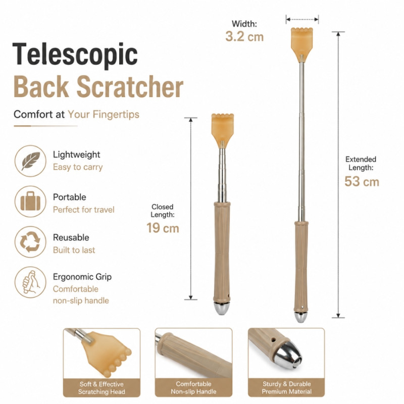 Edgy telescopic back scratcher with a wooden grip handle and a metallic extendable rod – Silver &amp; Light Brawn (53cm)