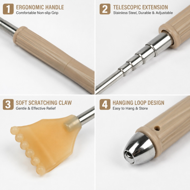 Edgy telescopic back scratcher with a wooden grip handle and a metallic extendable rod – Silver &amp; Light Brawn (53cm)