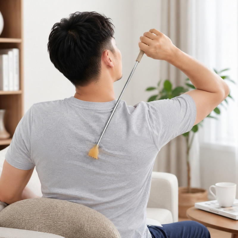 Edgy telescopic back scratcher with a wooden grip handle and a metallic extendable rod – Silver &amp; Light Brawn (53cm)