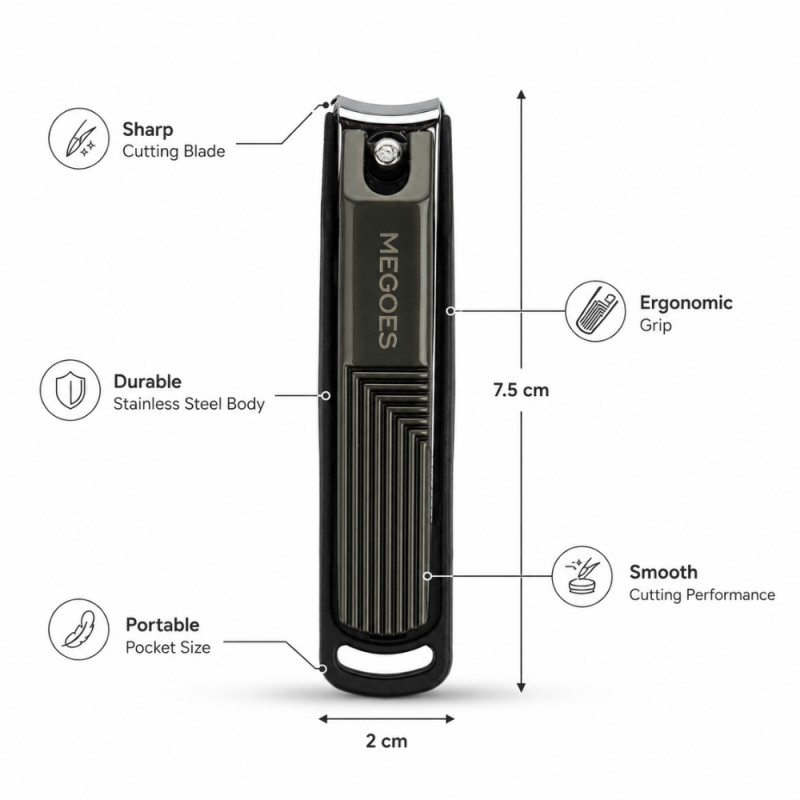 Megoes Premium Stainless Steel Nail Clipper with Ergonomic Grip (7.5x2cm) – Black & Silver