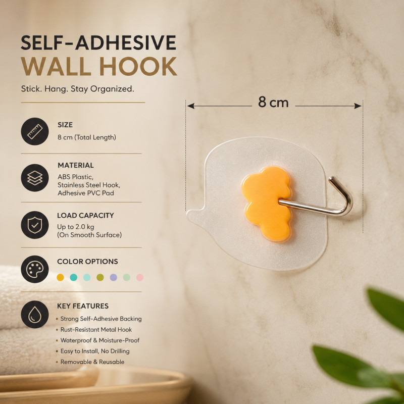Sleek Build Sticky Hook Designed for Smart Storage &amp; Organization – Yellow (L-8 CM)