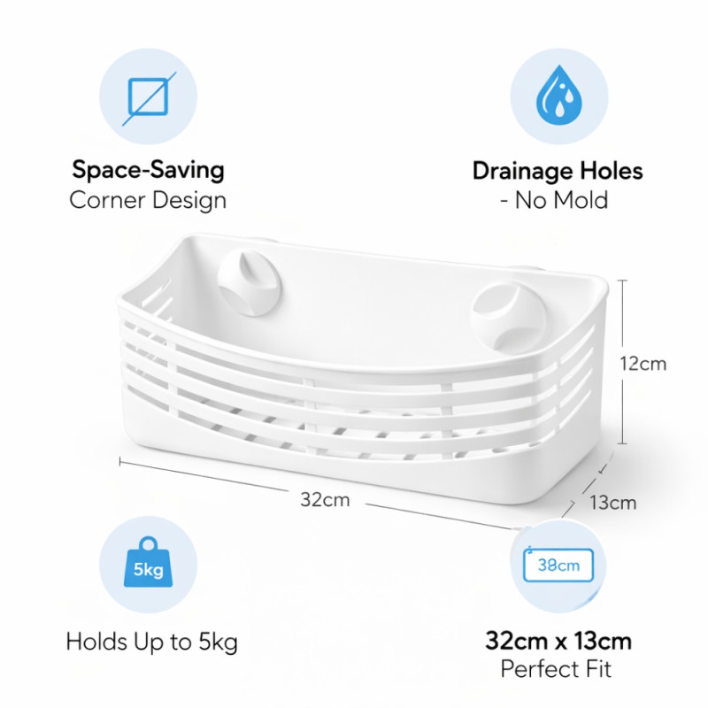 No-Drill Suction Cup Bathroom Storage Basket – White (32x13cm)