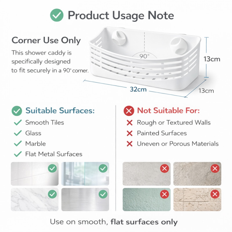 No-Drill Suction Cup Bathroom Storage Basket – White (32x13cm)