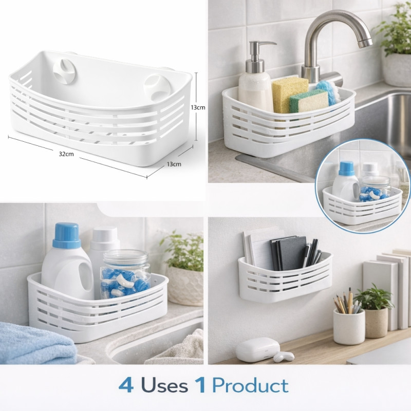 No-Drill Suction Cup Bathroom Storage Basket – White (32x13cm)
