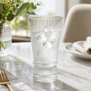 Elegant Ribbed Glass Vase with Flared Top & Bow-Tie Cinch Design, Transparent 14.5 x 8 cm