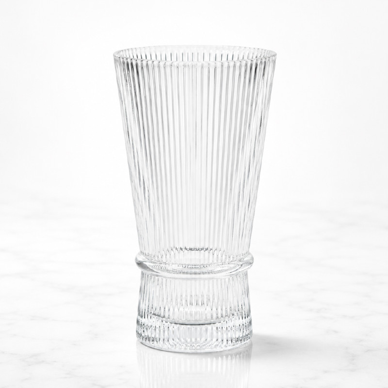 Elegant Ribbed Glass Vase with Flared Top &amp; Bow-Tie Cinch Design, Transparent 14.5 x 8 cm