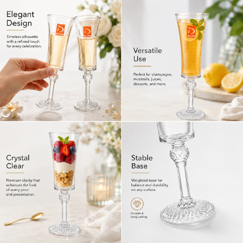 Elegant Clear Glass Champagne Flute with Decorative Stem – 19 x 6 cm – Transparent