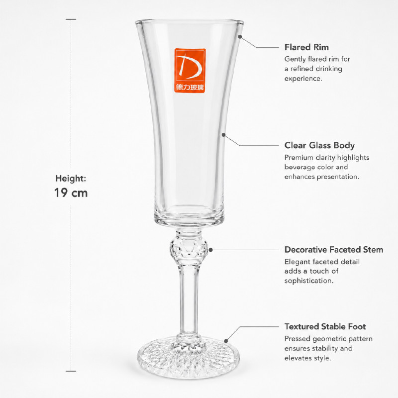 Elegant Clear Glass Champagne Flute with Decorative Stem – 19 x 6 cm – Transparent