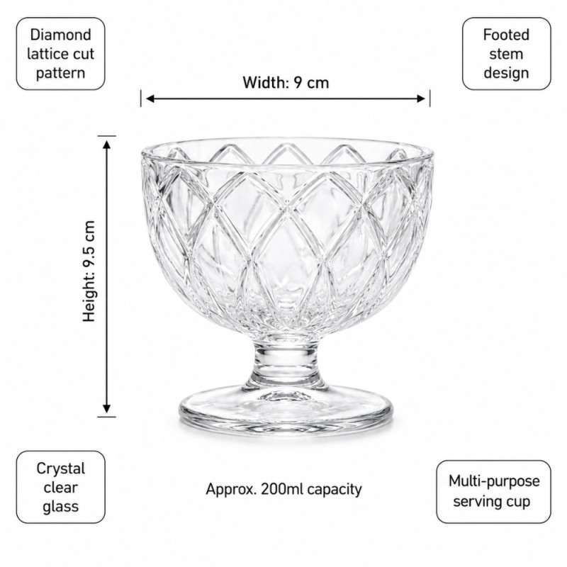 Classic Footed Dessert Cups Featuring a Diamond Lattice Cut Pattern – 9 x 9.5cm – Transparent