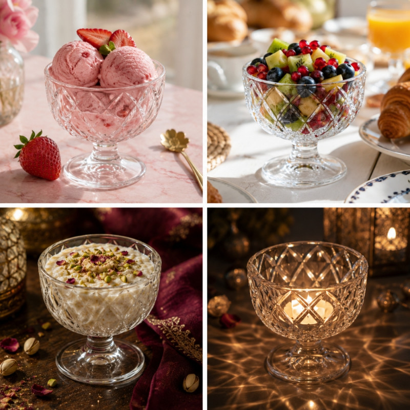 Classic Footed Dessert Cups Featuring a Diamond Lattice Cut Pattern – 9 x 9.5cm – Transparent