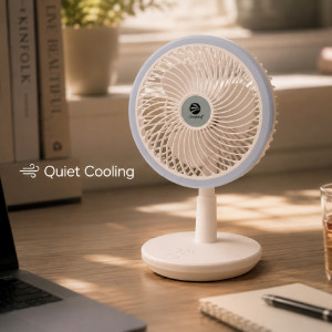 Deepking DK-123 rechargeable white table fan with a built-in LED light.; 18 x 30 cm; White & Indigo Deepking DK-123 rechargeable white table fan with a built-in LED light.; 18 x 30 cm; White & Indigo