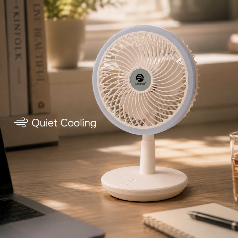 Deepking DK-123 rechargeable white table fan with a built-in LED light.; 18 x 30 cm; White & Indigo