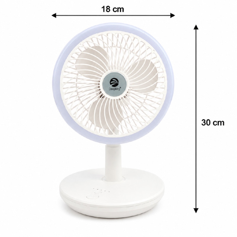 Deepking DK-123 rechargeable white table fan with a built-in LED light.; 18 x 30 cm; White & Indigo