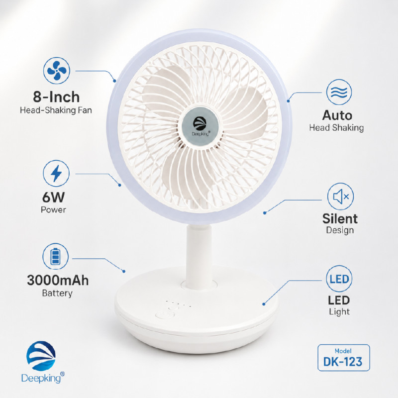 Deepking DK-123 rechargeable white table fan with a built-in LED light.; 18 x 30 cm; White & Indigo