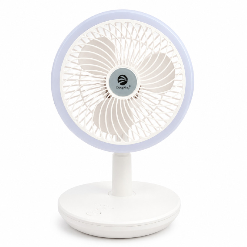 Deepking DK-123 rechargeable white table fan with a built-in LED light.; 18 x 30 cm; White & Indigo