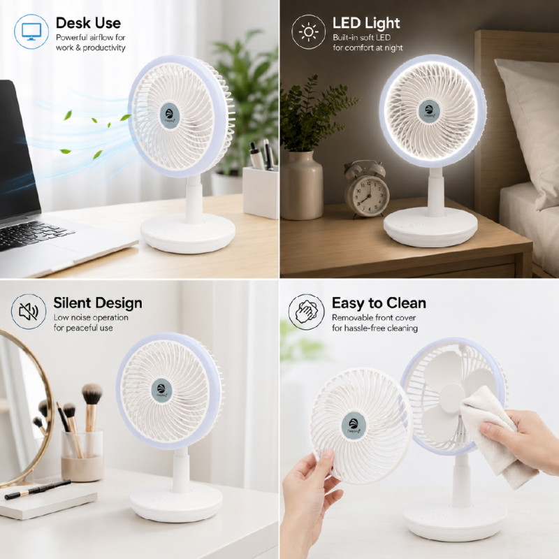 Deepking DK-123 rechargeable white table fan with a built-in LED light.; 18 x 30 cm; White & Indigo