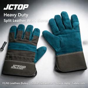 High-Performance JCTOP Heavy-Duty Split Leather Work Gloves – Blue & Dark Gray with Safety Cuff